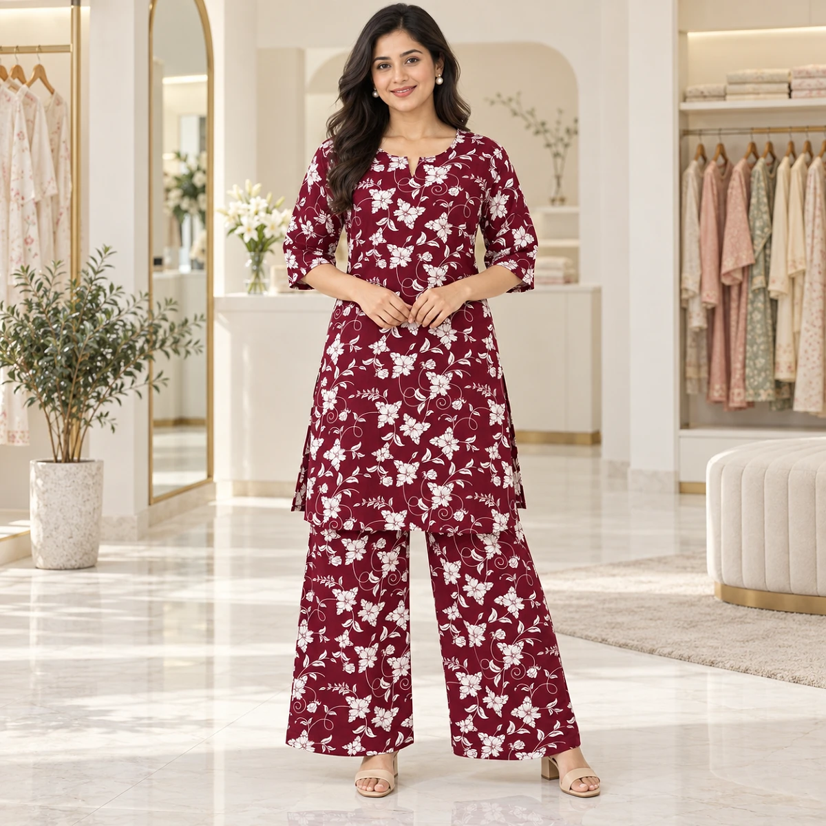 Elegant wine floral kurti set
