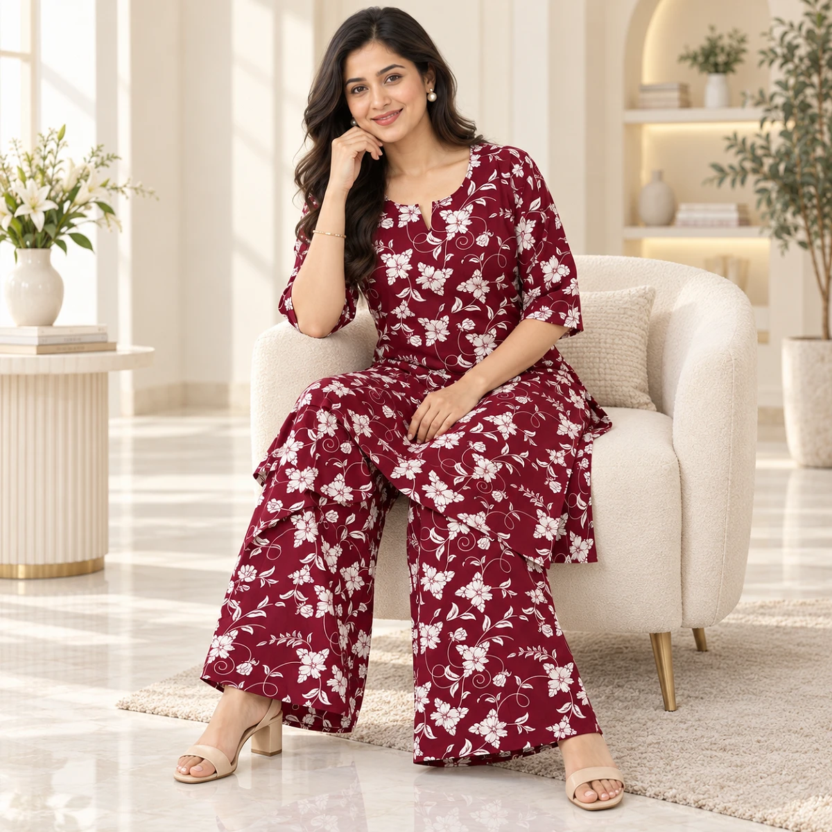 Elegant wine floral kurti set
