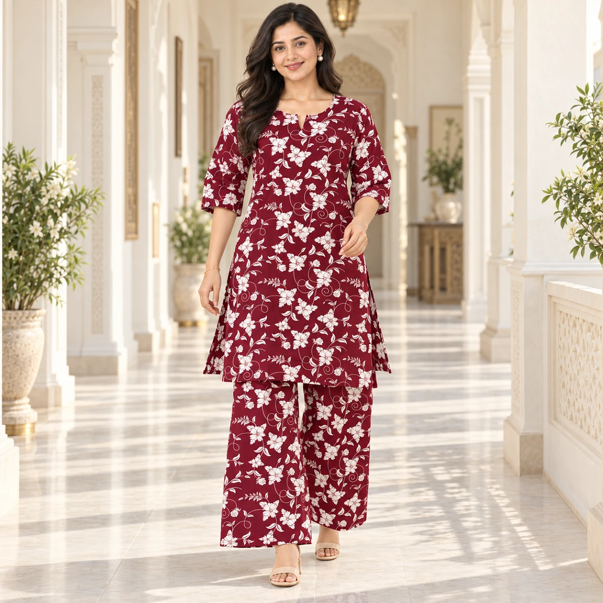 Elegant wine floral kurti set