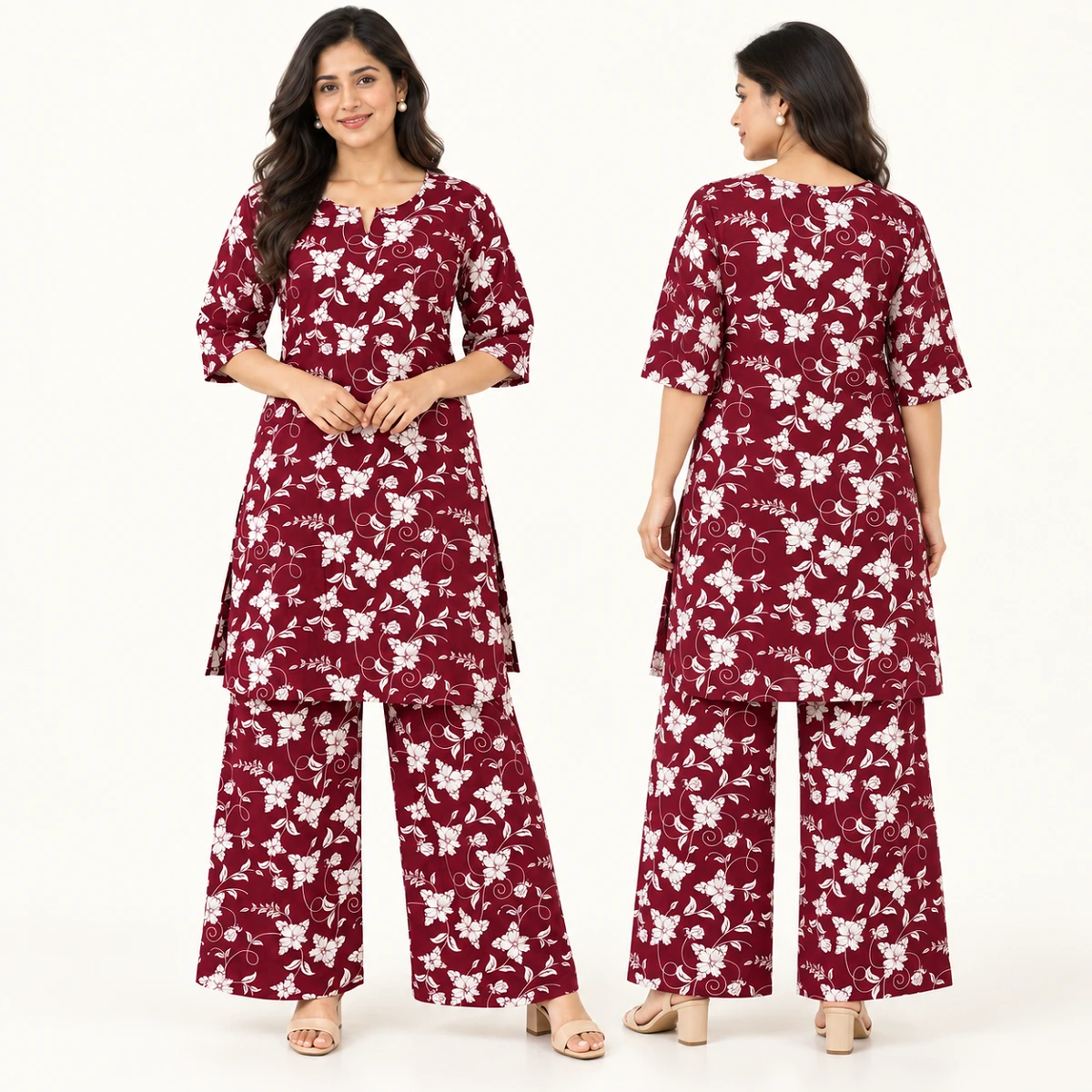 Elegant wine floral kurti set