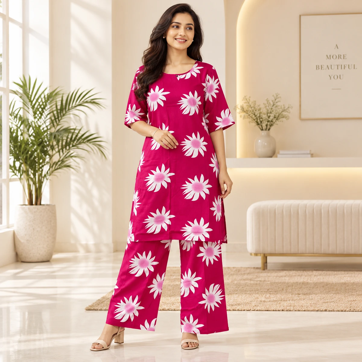 Elegant Magenta Daisy Kurti Set