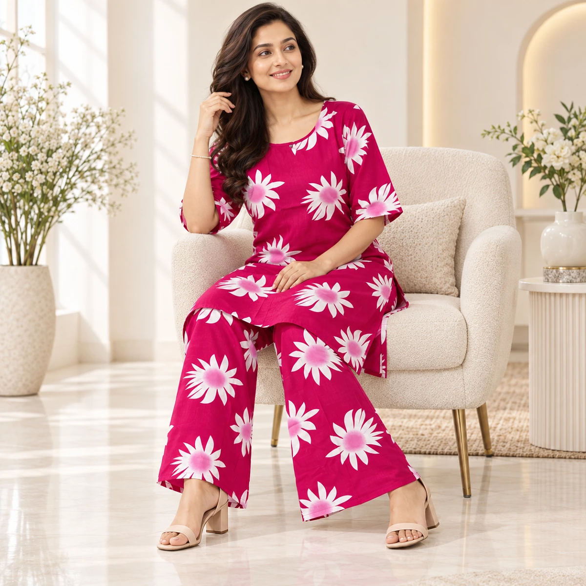 Elegant Magenta Daisy Kurti Set