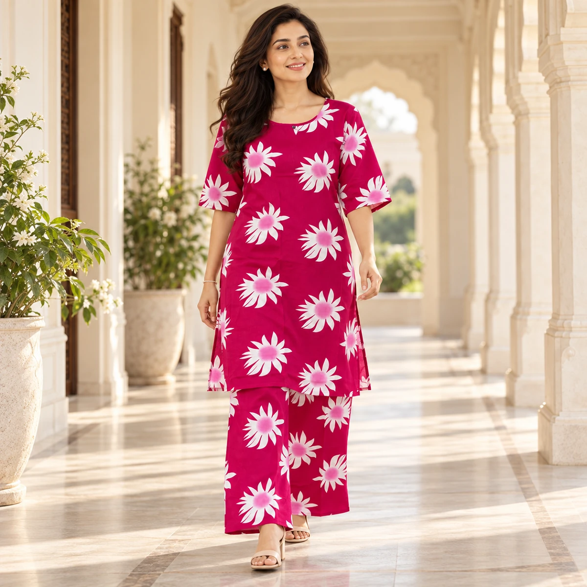 Elegant Magenta Daisy Kurti Set
