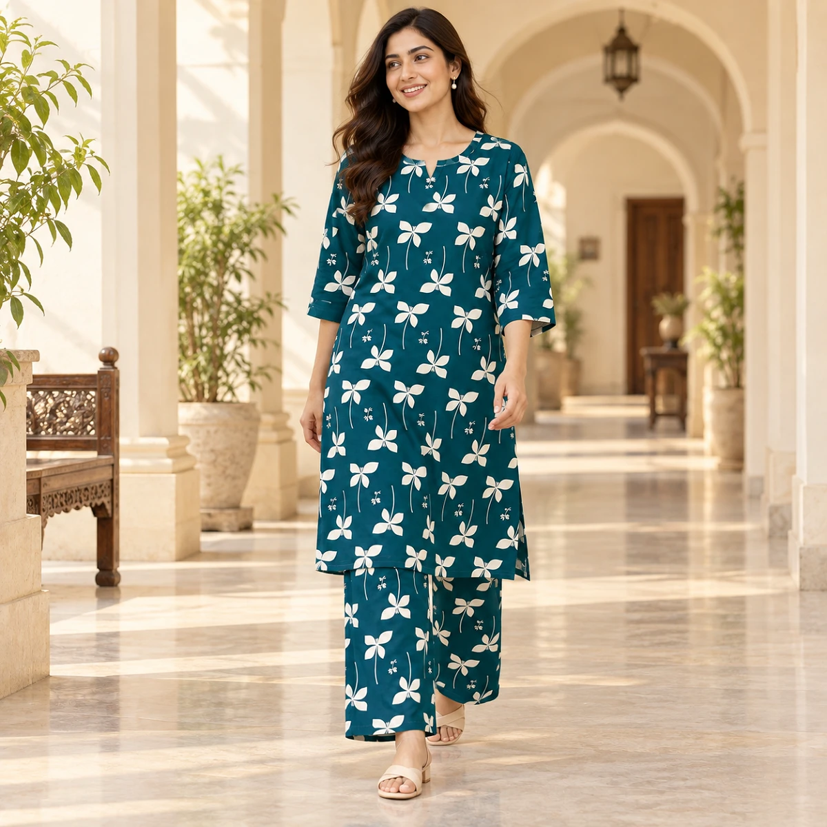 Premium teal floral kurti set