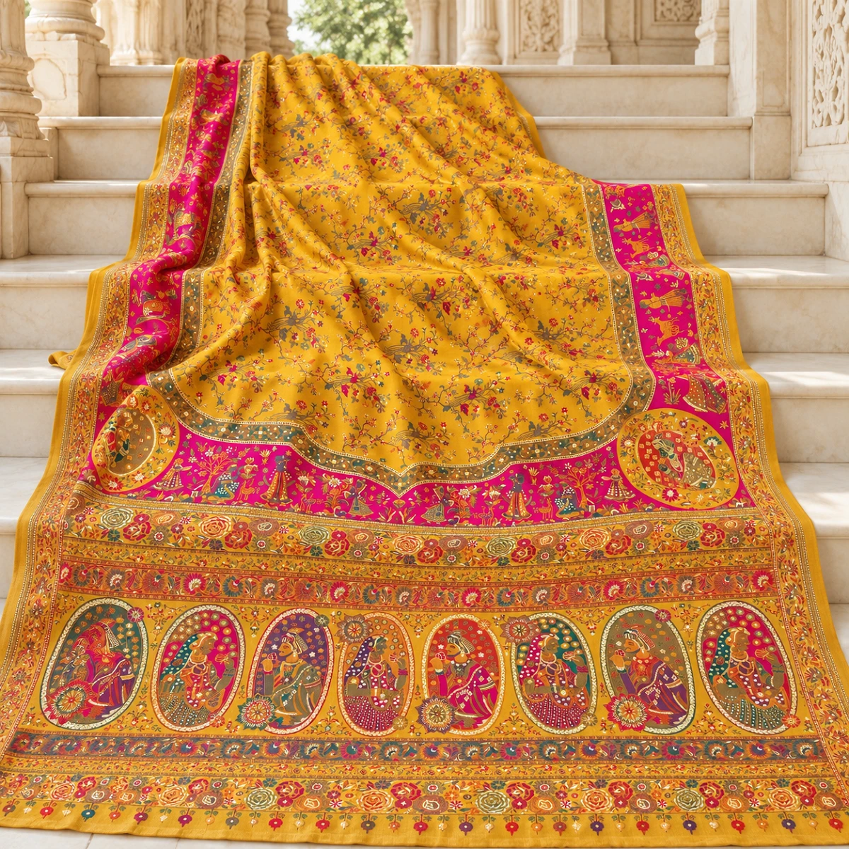 Mustard Pashmina saree with ornate pallu