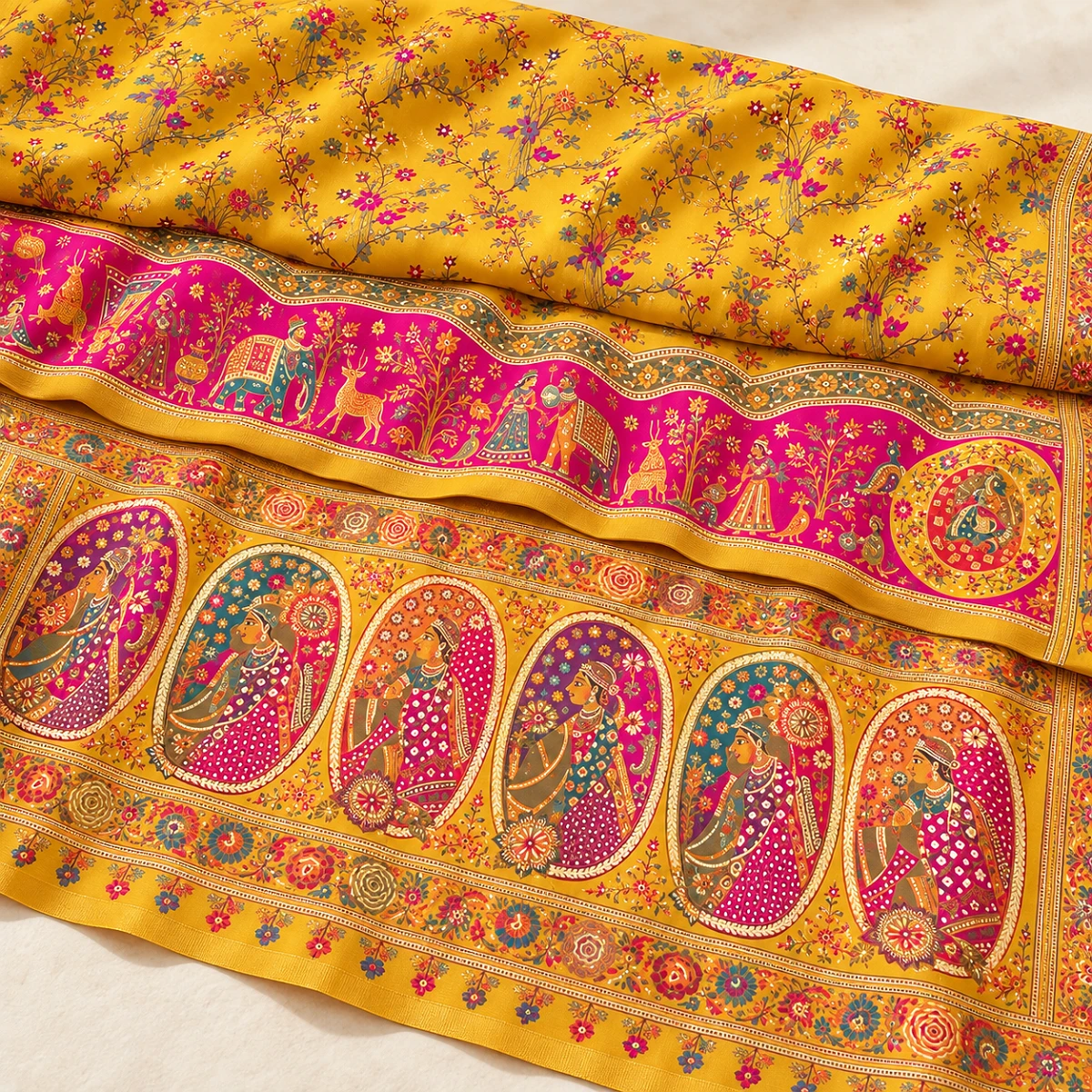 Mustard Pashmina saree with ornate pallu