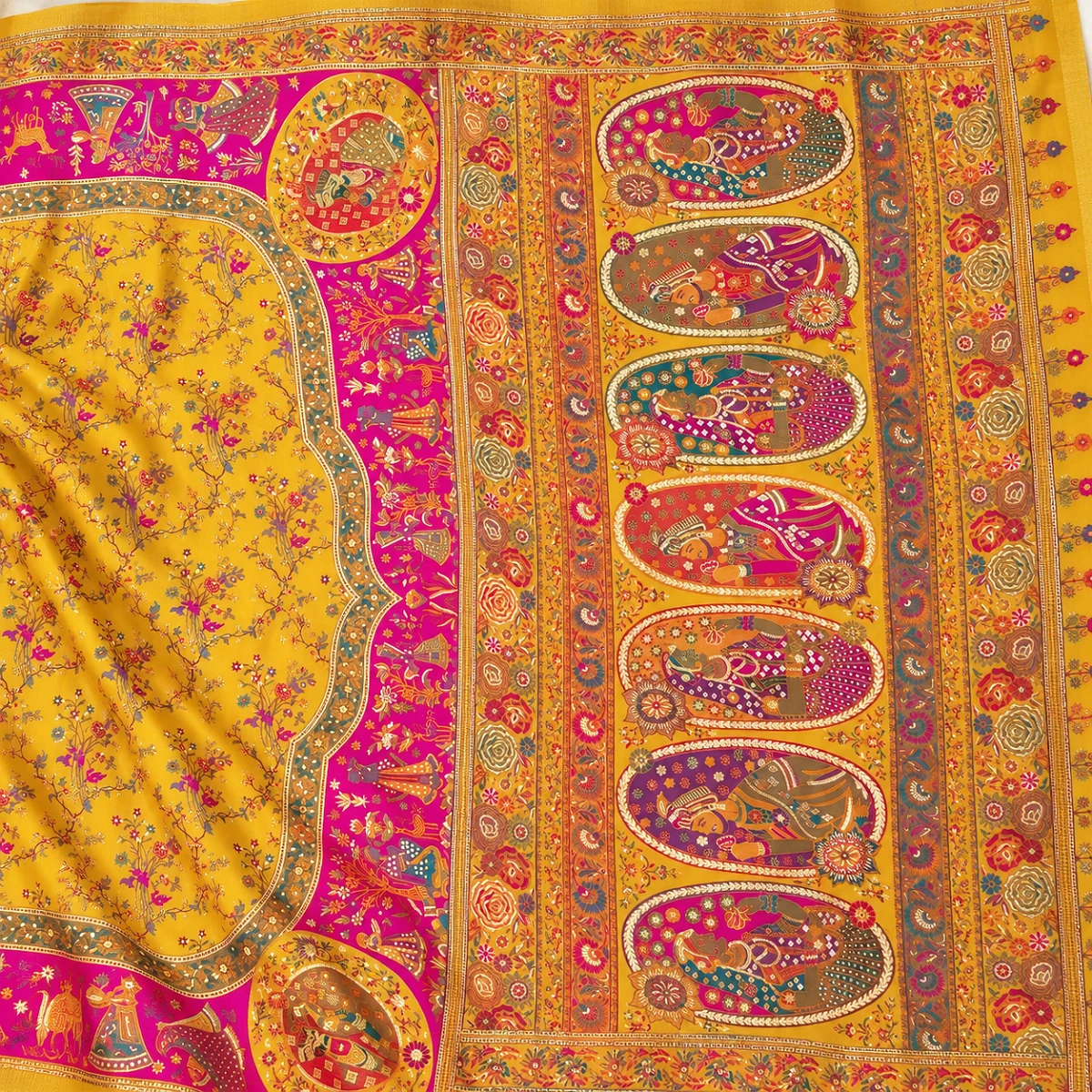 Mustard Pashmina saree with ornate pallu