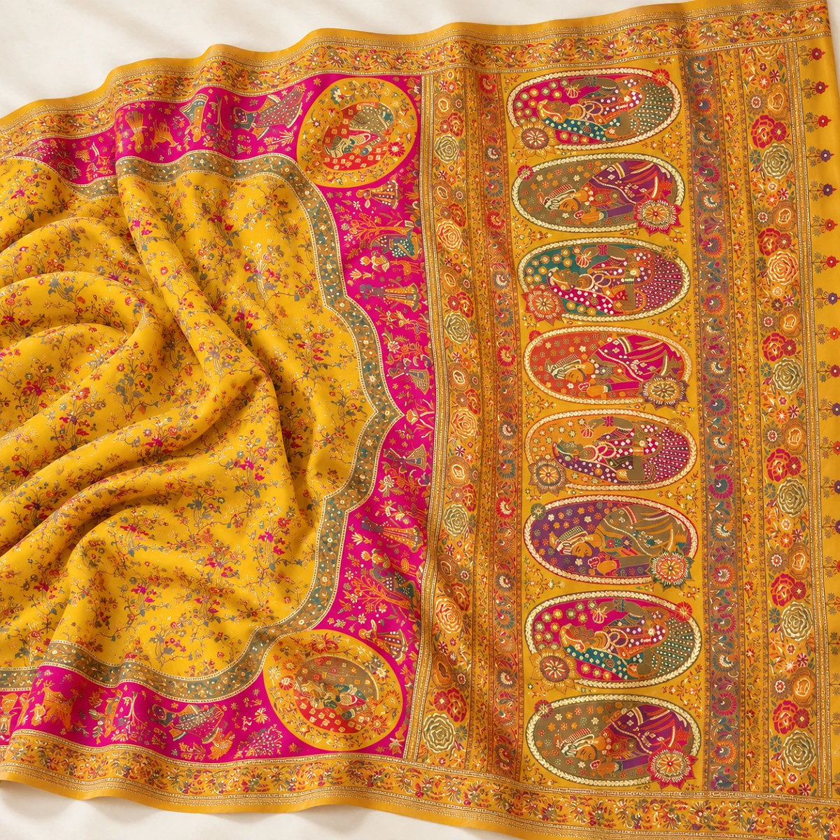 Mustard Pashmina saree with ornate pallu