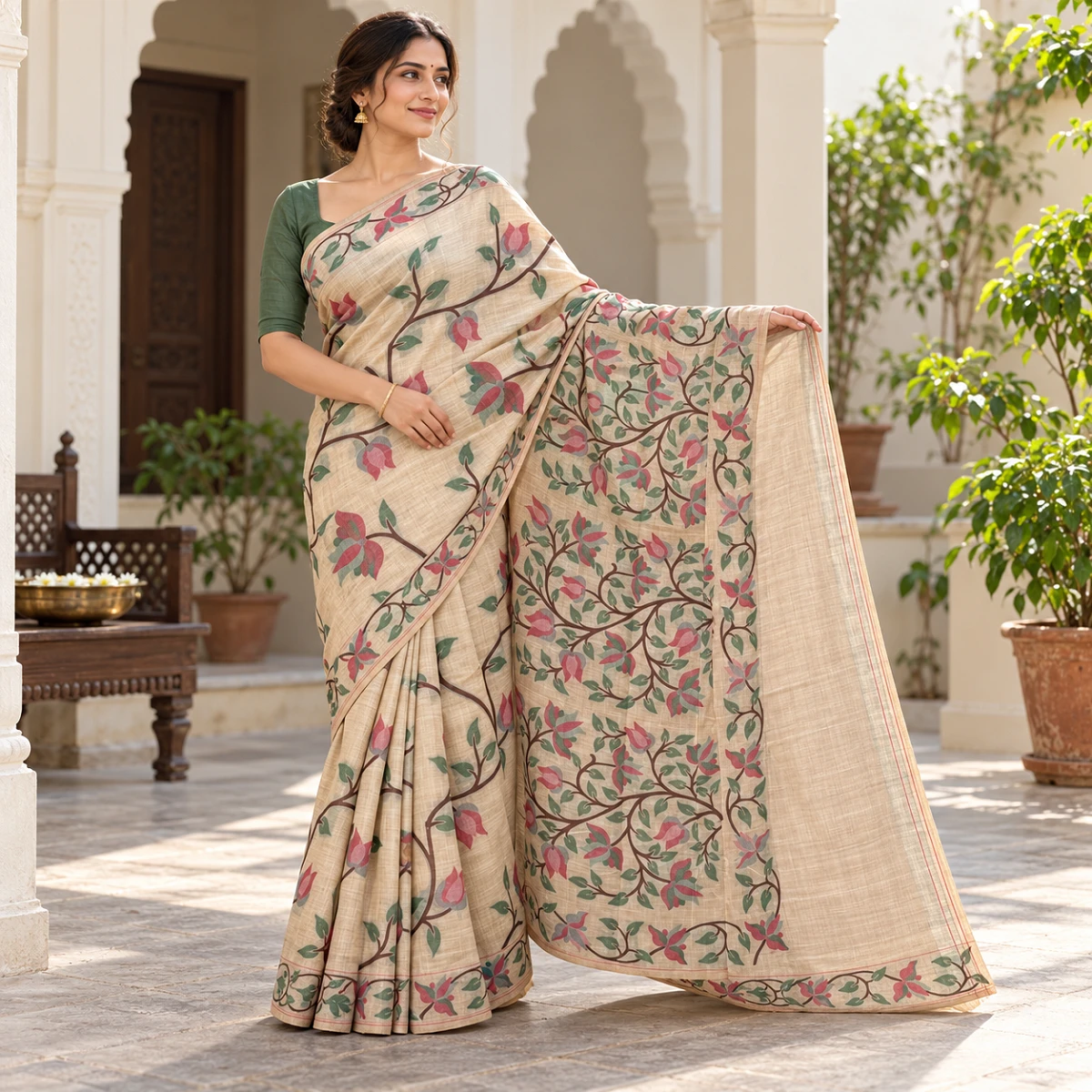Warm Ivory Floral Vine Saree
