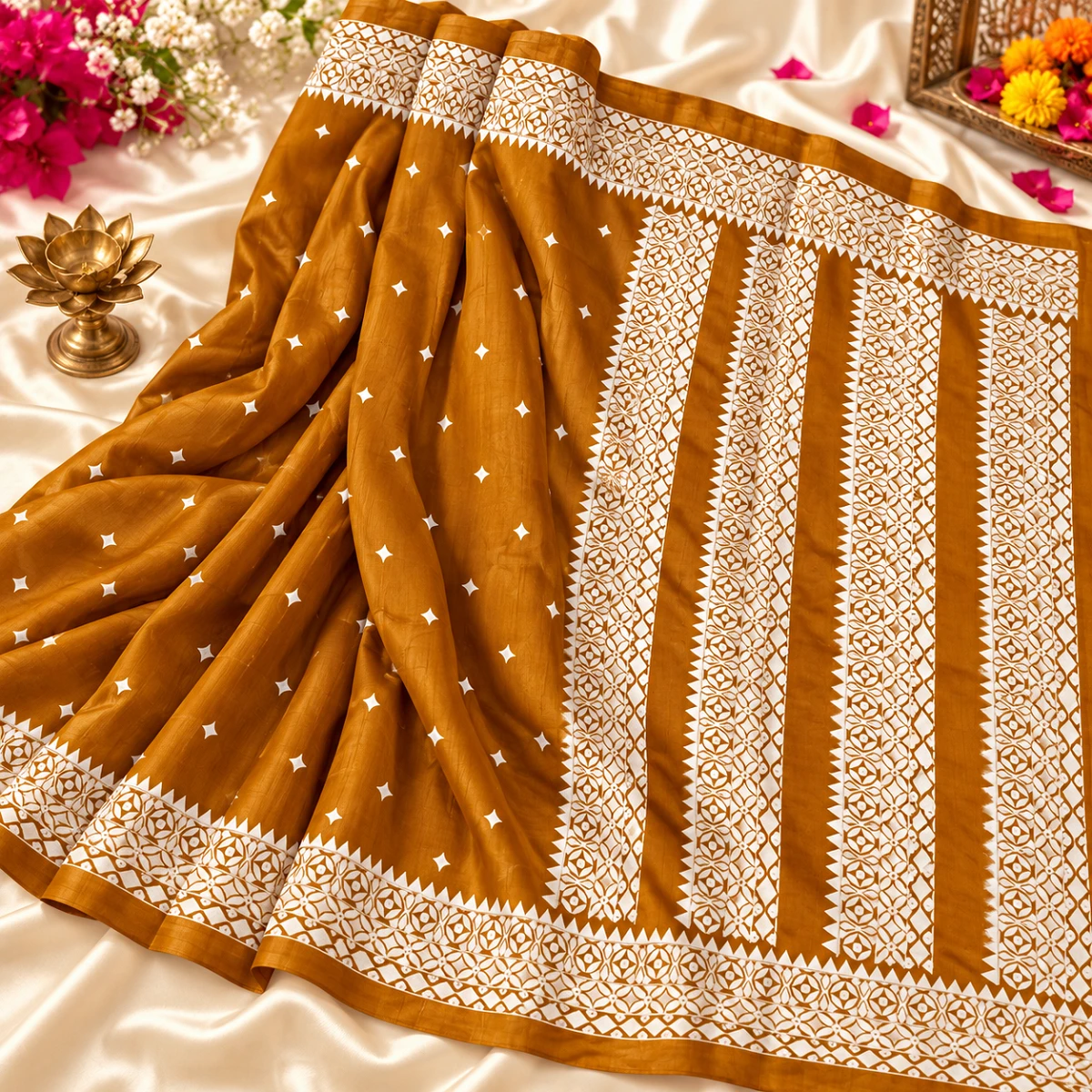 Ochre embroidered Saree