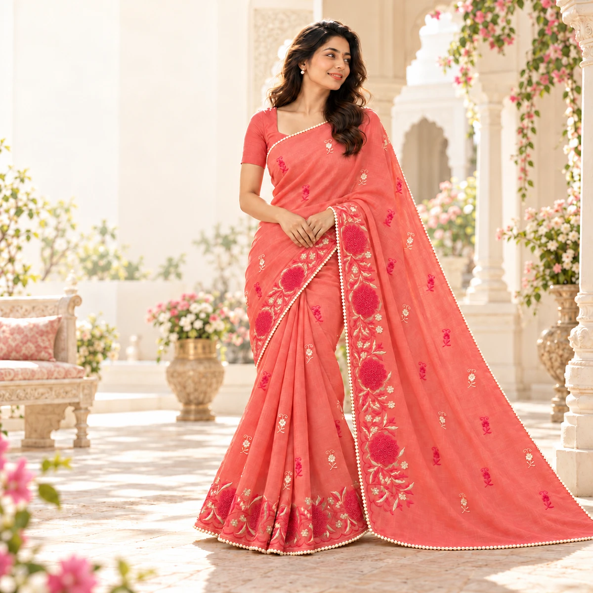Peach embroidered saree