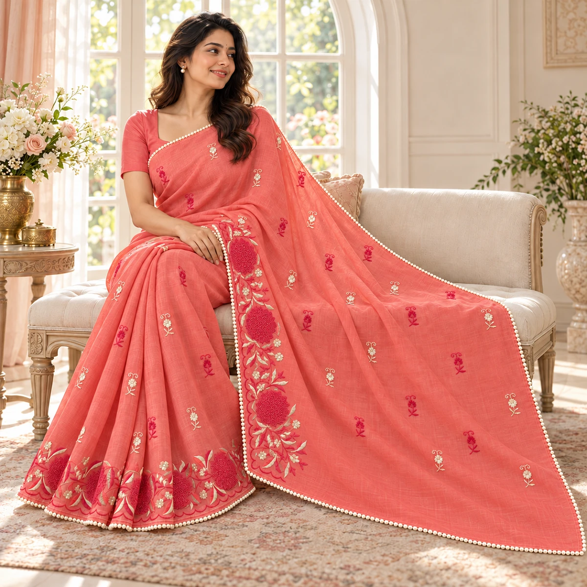 Peach embroidered saree