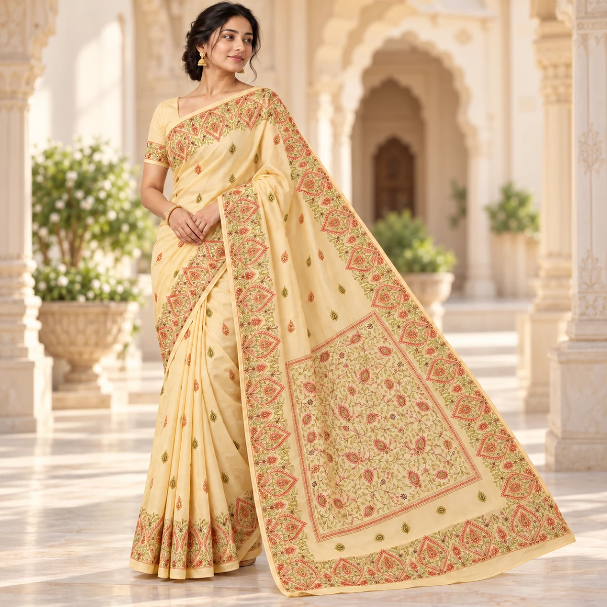 Ivory Kashmiri Stitch work saree