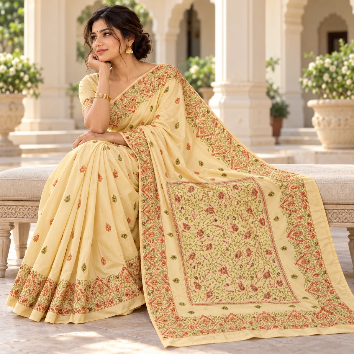 Ivory Kashmiri Stitch work saree