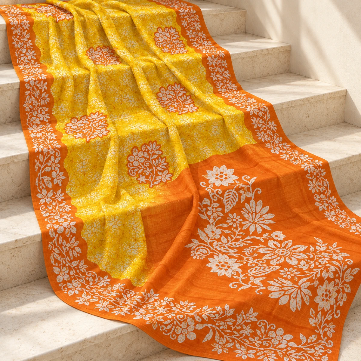 Yellow and Orange Floral Cotton Saree