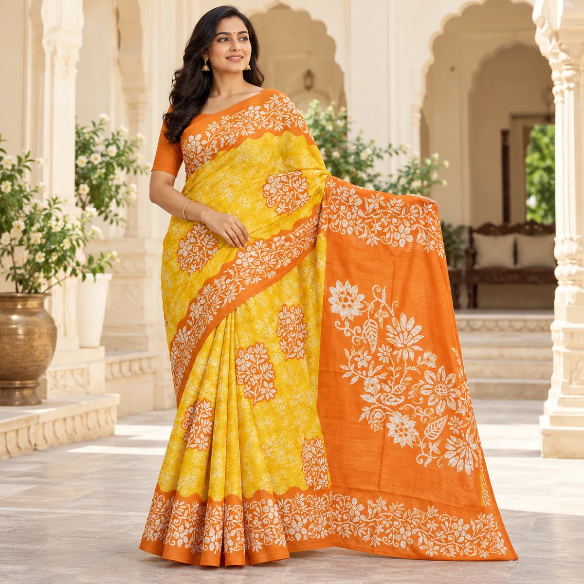 Yellow and Orange Floral Cotton Saree