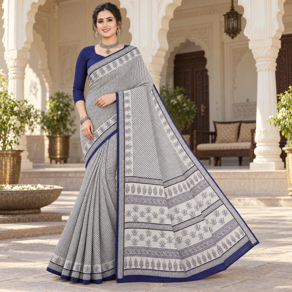 Navy-motif Pure cotton saree