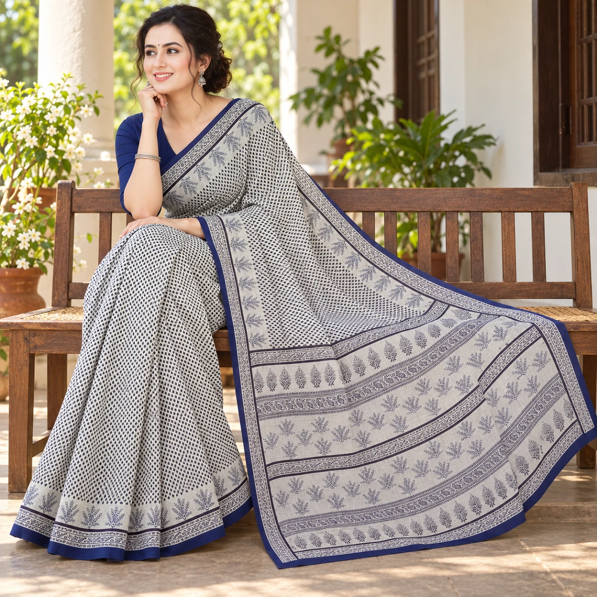 Navy-motif Pure cotton saree