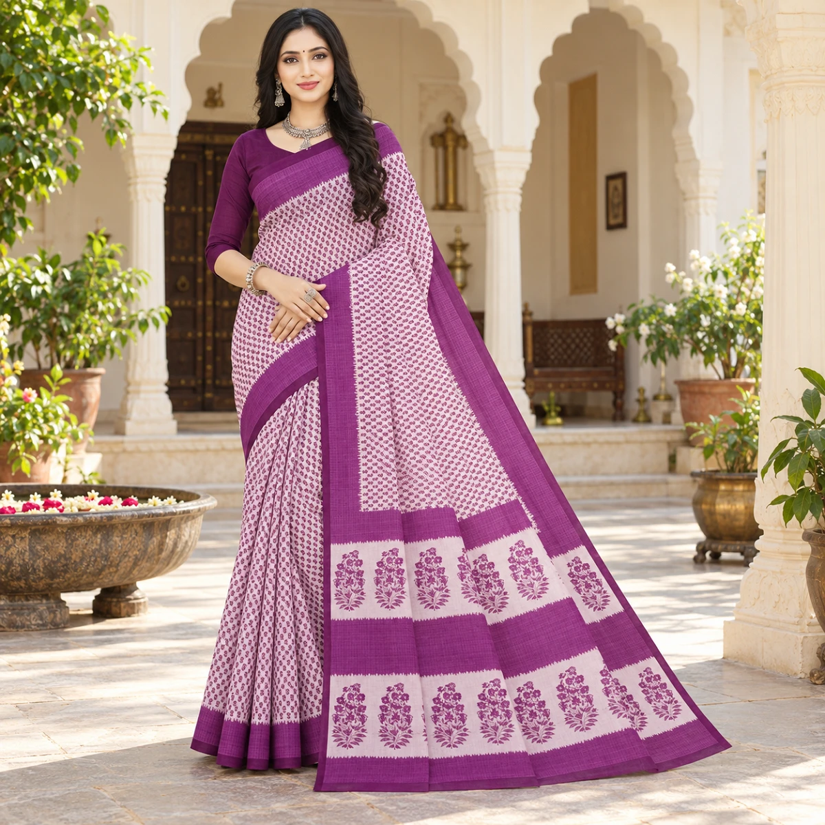 Ivory Courtyard Purple Motif Saree