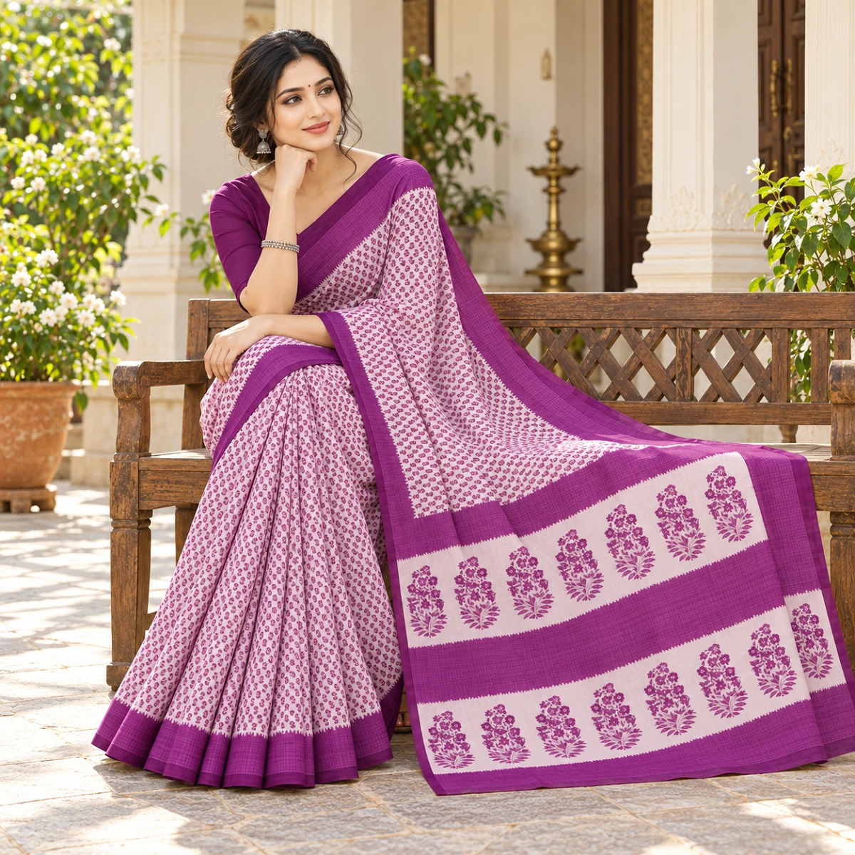 Ivory Courtyard Purple Motif Saree