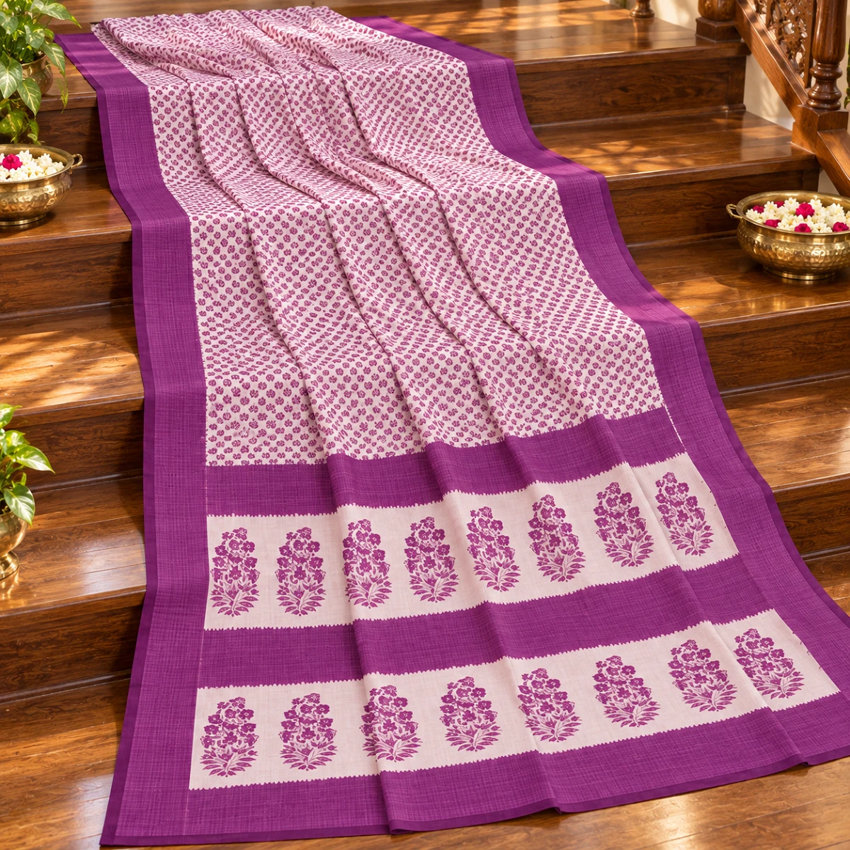 Ivory Courtyard Purple Motif Saree