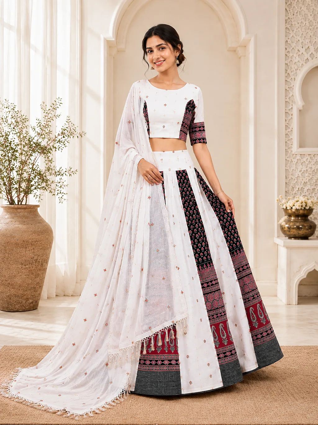 White Embroidered Printed Lehenga Choli with Dupatta
