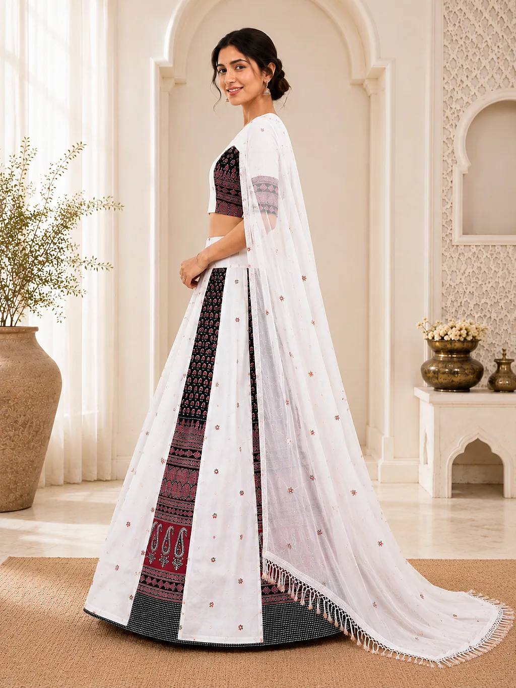 White Embroidered Printed Lehenga Choli with Dupatta