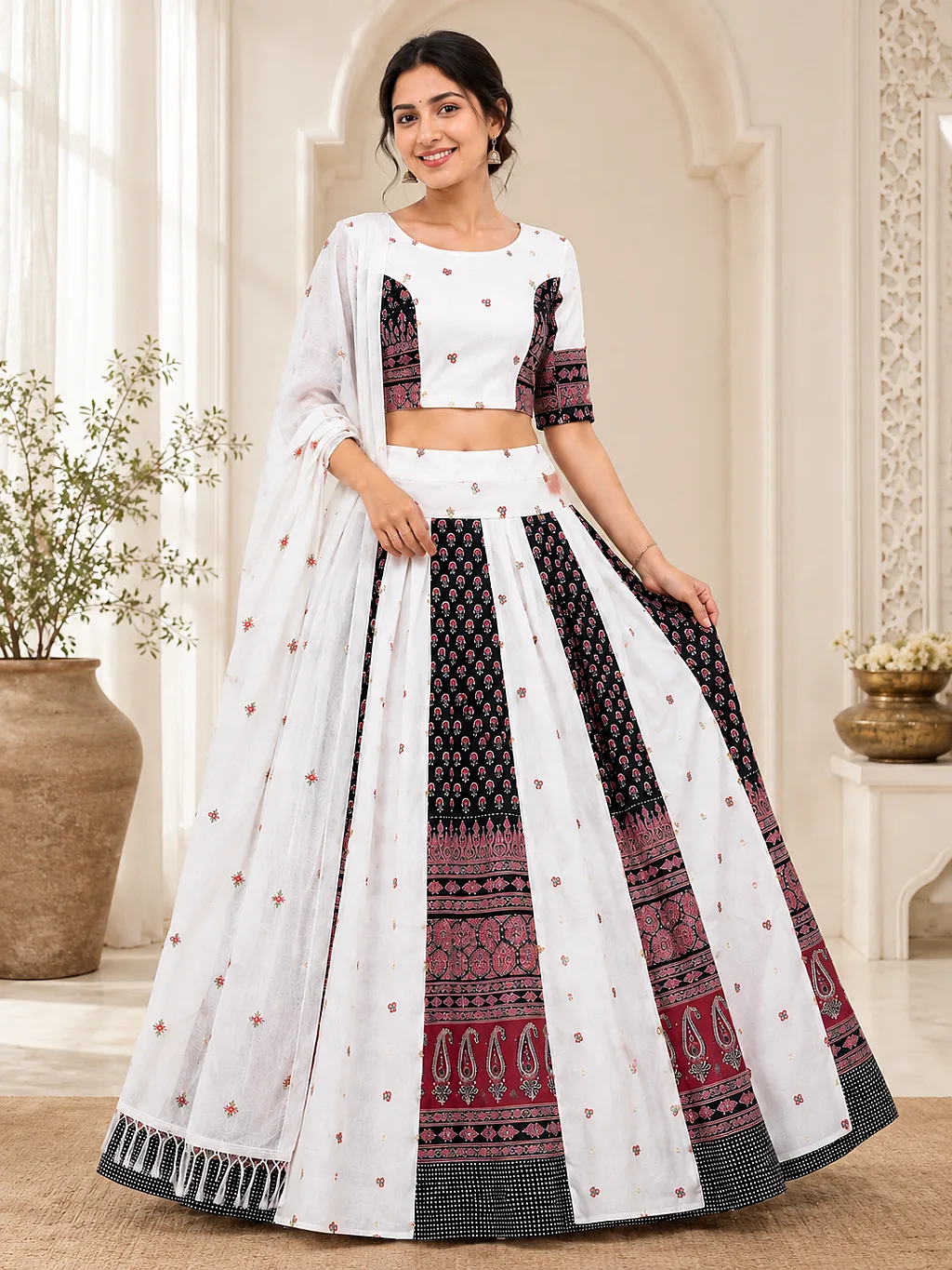 White Embroidered Printed Lehenga Choli with Dupatta