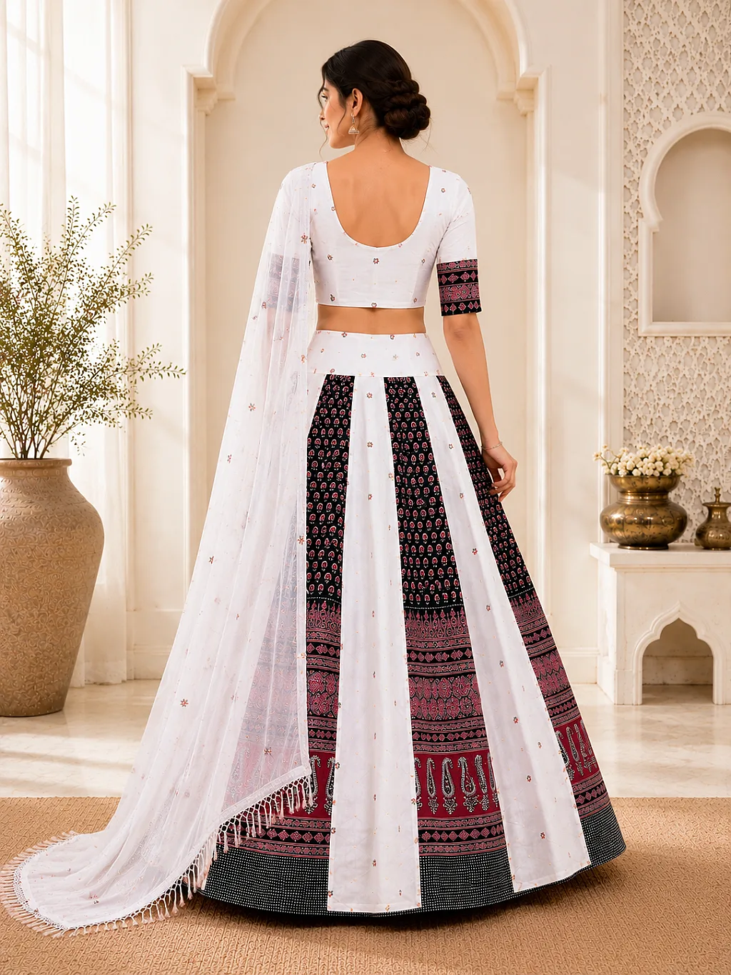 White Embroidered Printed Lehenga Choli with Dupatta