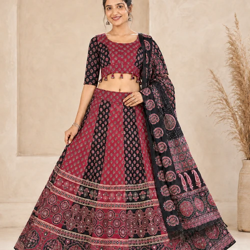 Maroon & Black Ajrakh Lehenga Choli with Dupatta