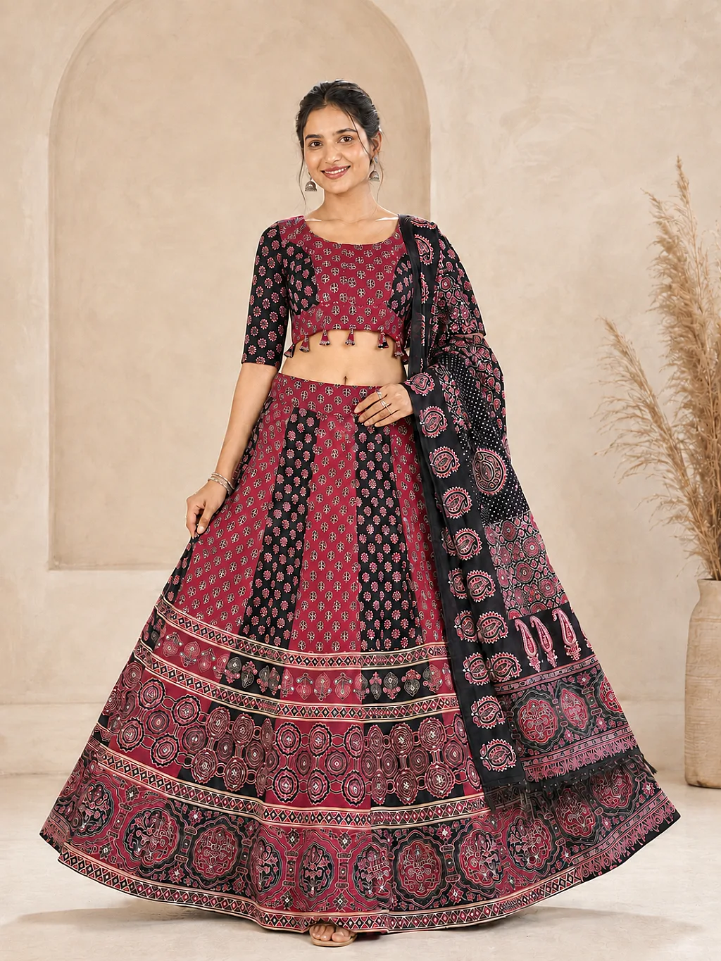 Maroon & Black Ajrakh Lehenga Choli with Dupatta