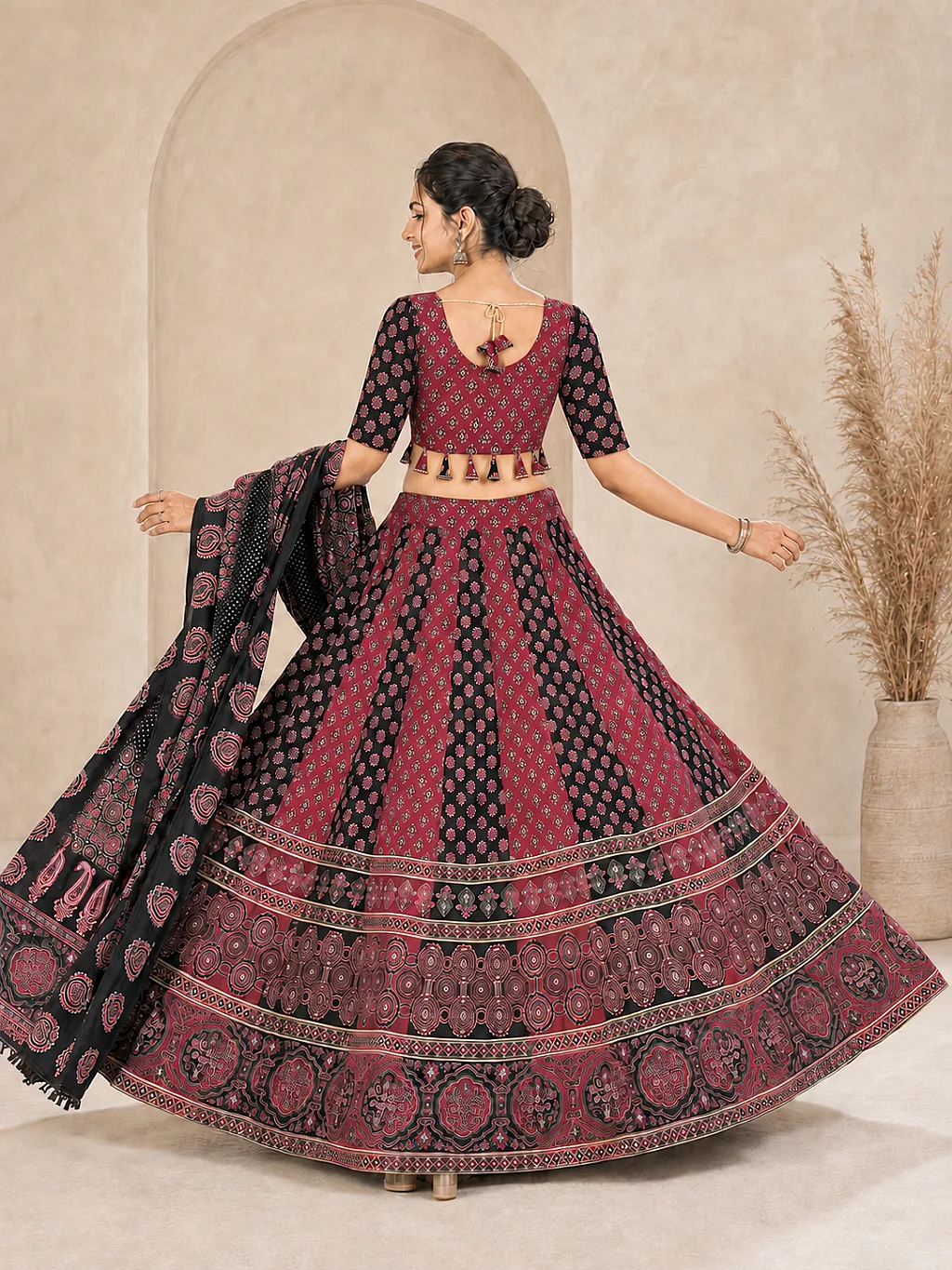 Maroon & Black Ajrakh Lehenga Choli with Dupatta