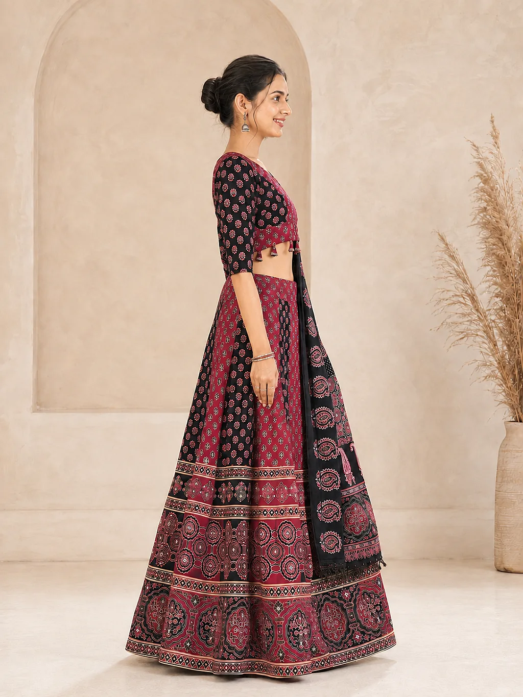 Maroon & Black Ajrakh Lehenga Choli with Dupatta