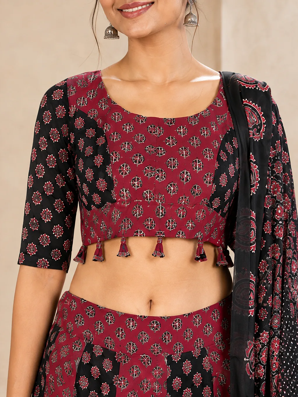 Maroon & Black Ajrakh Lehenga Choli with Dupatta