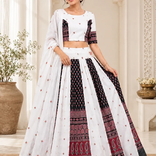 White Embroidered Printed Lehenga Choli with Dupatta