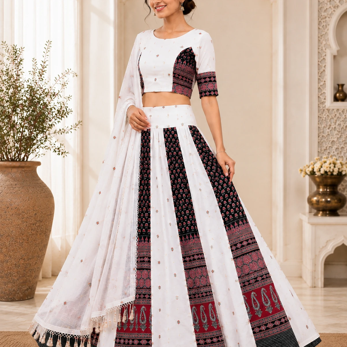 White Embroidered Printed Lehenga Choli with Dupatta