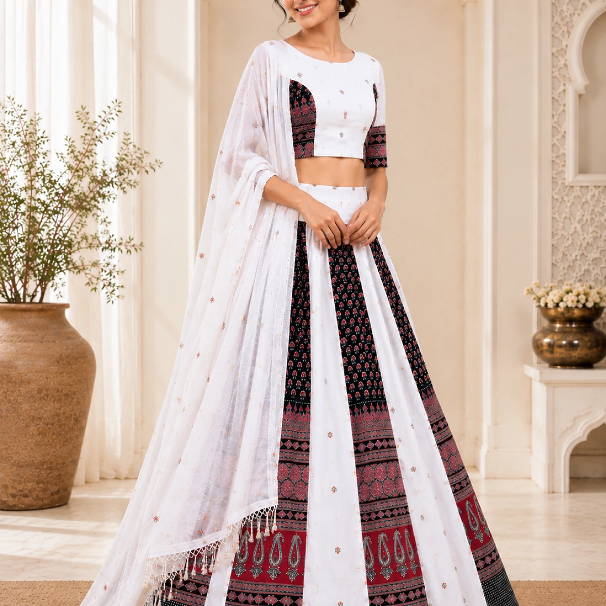 White Embroidered Printed Lehenga Choli with Dupatta