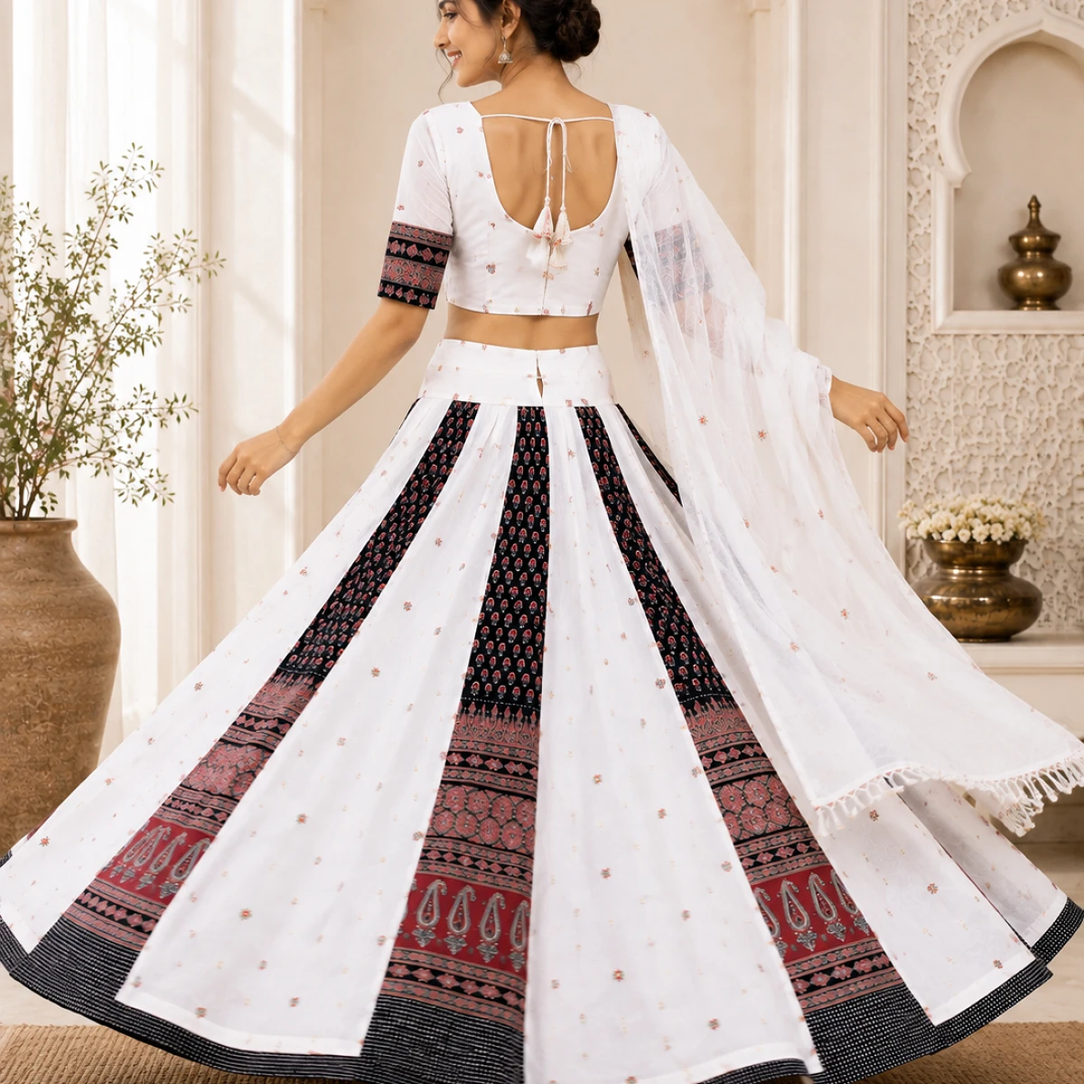 White Embroidered Printed Lehenga Choli with Dupatta
