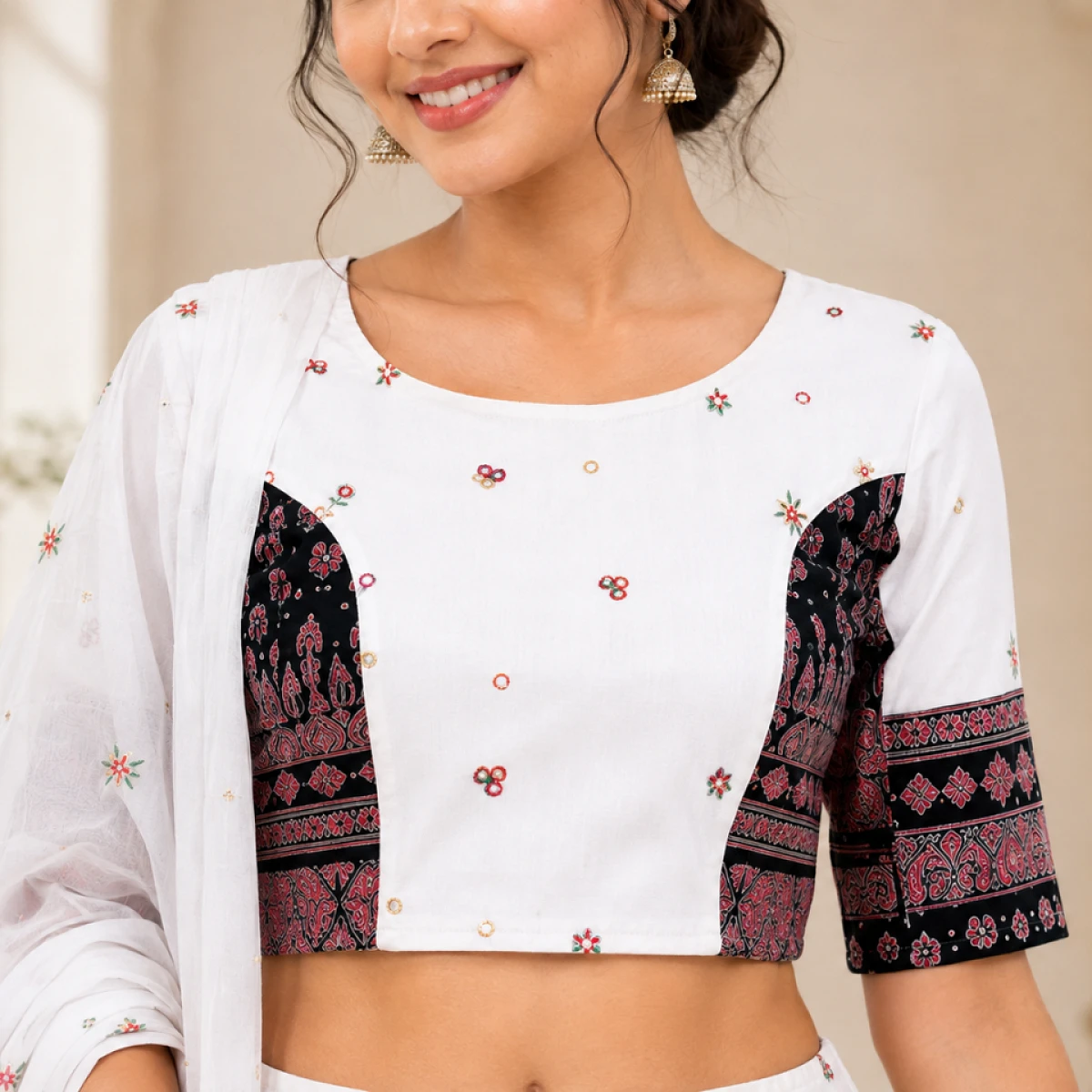 White Embroidered Printed Lehenga Choli with Dupatta