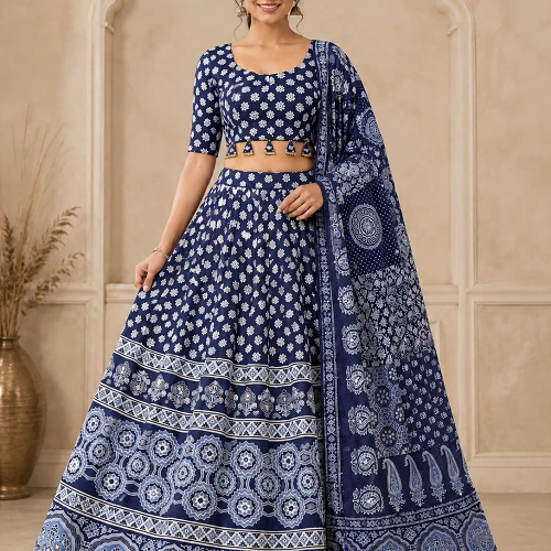 Navy Blue and White (Ajrakh, Mirror) Lehenga, Blouse with Dupatta
