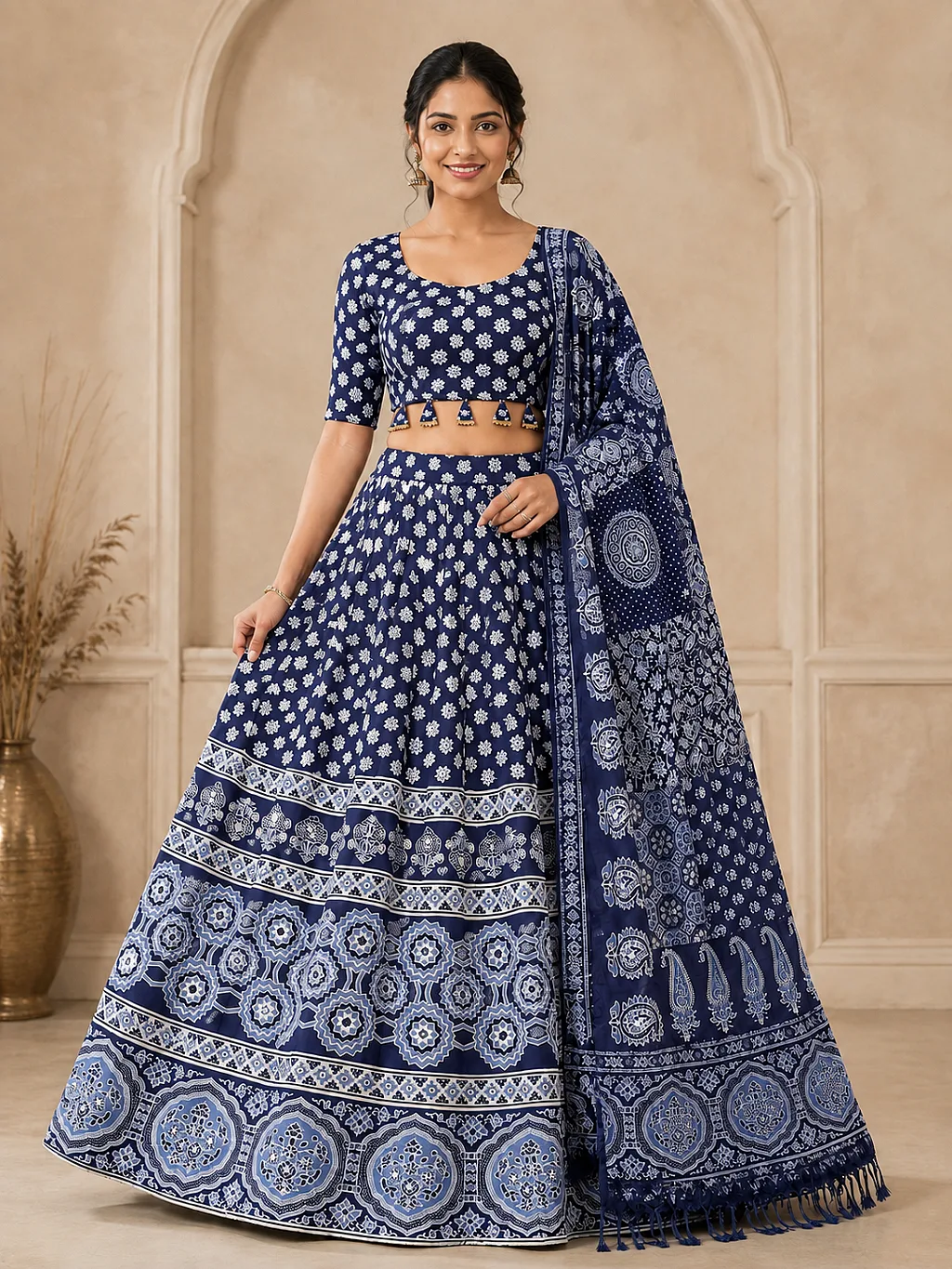 Navy Blue and White (Ajrakh, Mirror) Lehenga, Blouse with Dupatta