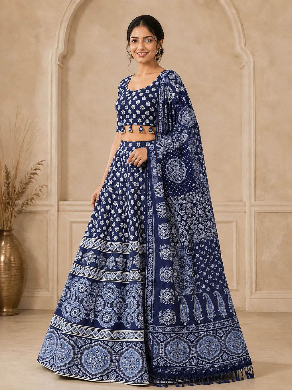 Navy Blue and White (Ajrakh, Mirror) Lehenga, Blouse with Dupatta