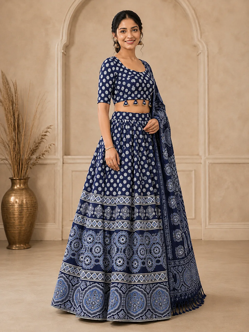 Navy Blue and White (Ajrakh, Mirror) Lehenga, Blouse with Dupatta