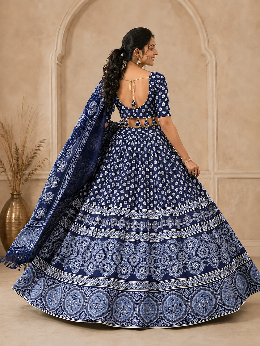 Navy Blue and White (Ajrakh, Mirror) Lehenga, Blouse with Dupatta