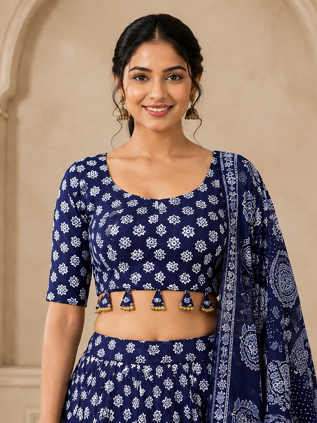 Navy Blue and White (Ajrakh, Mirror) Lehenga, Blouse with Dupatta