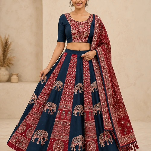 Navy Blue and Maroon (Elephant applique embroidery, Real Mirror) Lehenga, Blouse with Maroon Ajrakh-style Dupatta