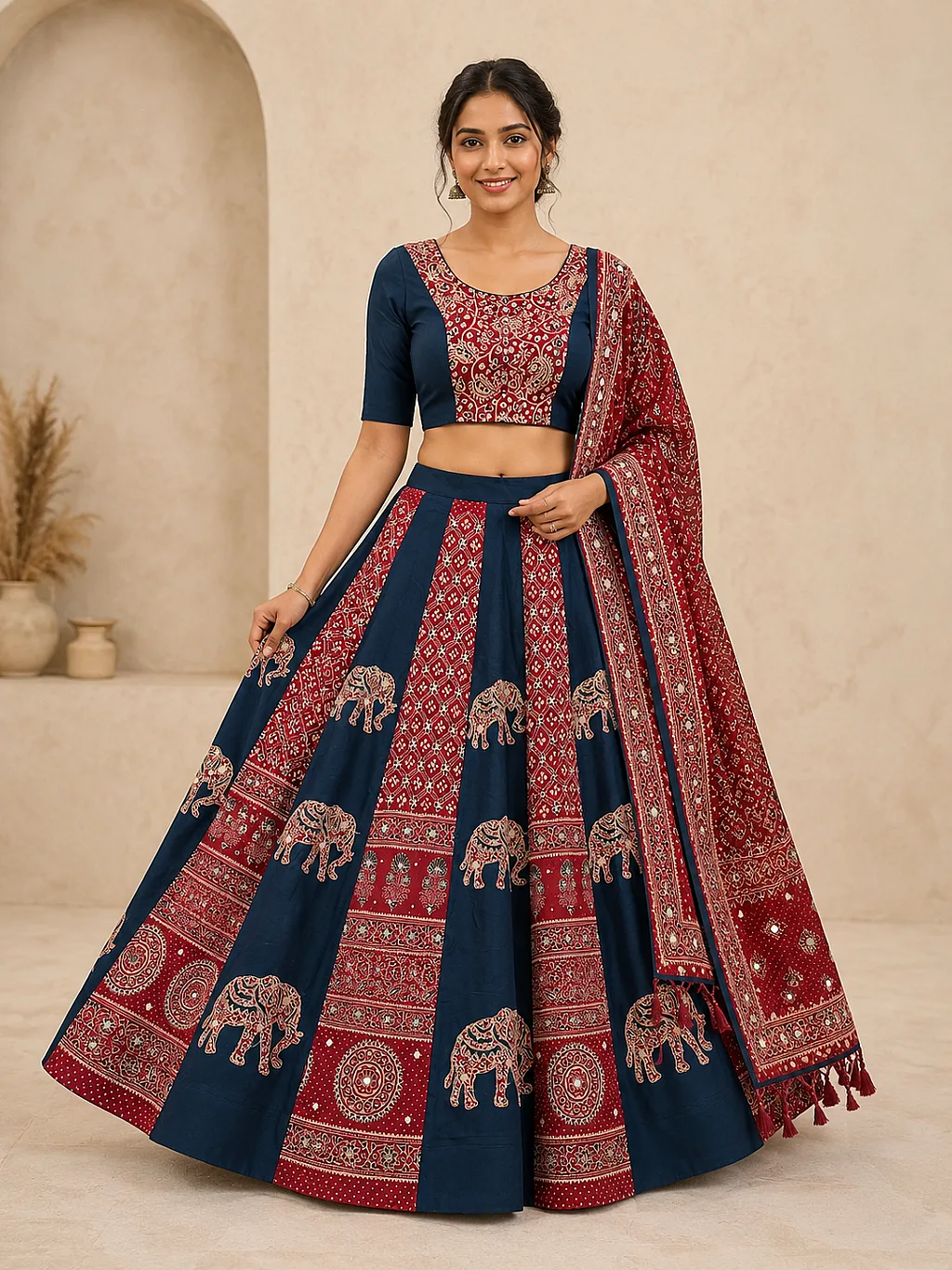 Navy Blue and Maroon (Elephant applique embroidery, Real Mirror) Lehenga, Blouse with Maroon Ajrakh-style Dupatta