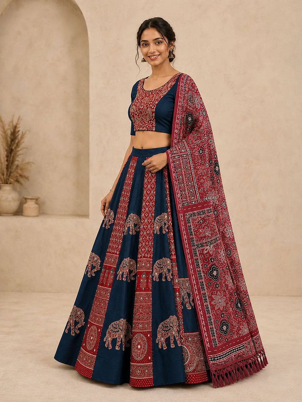 Navy Blue and Maroon (Elephant applique embroidery, Real Mirror) Lehenga, Blouse with Maroon Ajrakh-style Dupatta