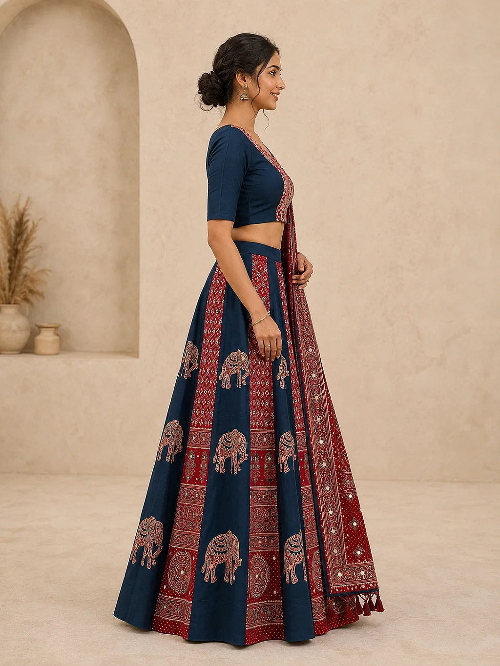 Navy Blue and Maroon (Elephant applique embroidery, Real Mirror) Lehenga, Blouse with Maroon Ajrakh-style Dupatta