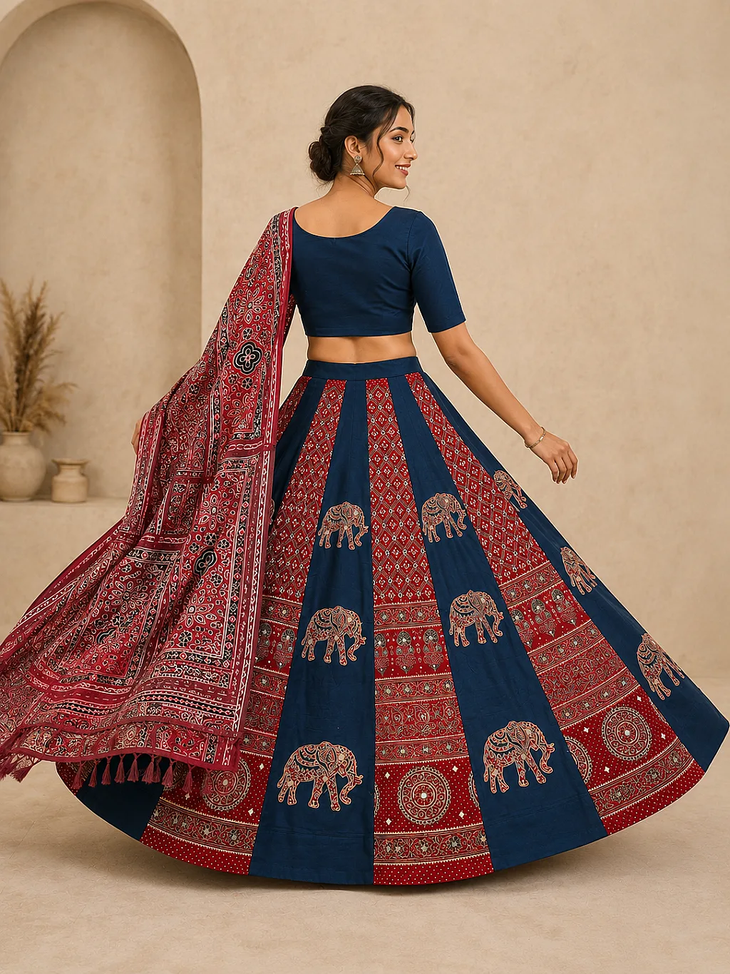 Navy Blue and Maroon (Elephant applique embroidery, Real Mirror) Lehenga, Blouse with Maroon Ajrakh-style Dupatta